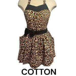 SUGAR BABY APRONS Leopard Print O/S 2 Pockets 100% Cotton Black Bow and Ties